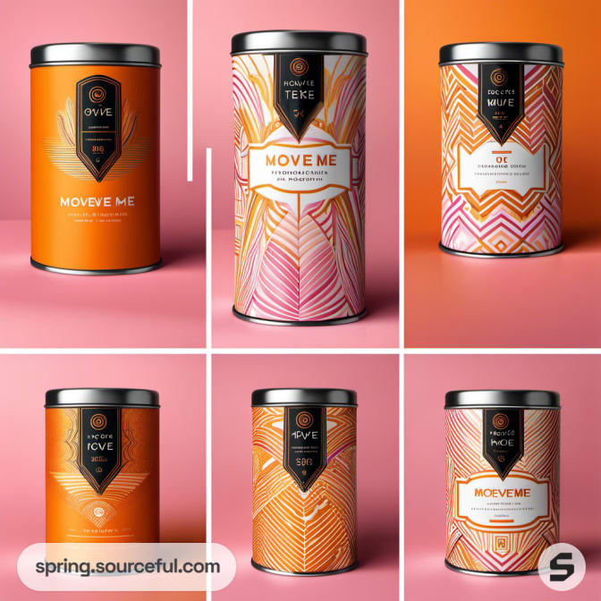 Six tall tin containers with vibrant geometric patterns in orange, pink, and yellow.