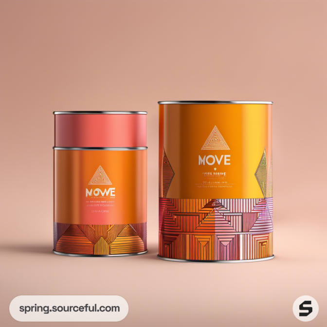 Two tins, one large and one small, with orange geometric designs and pink accents.