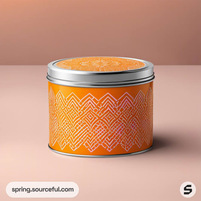 Round tin in orange with intricate white geometric pattern on the lid.