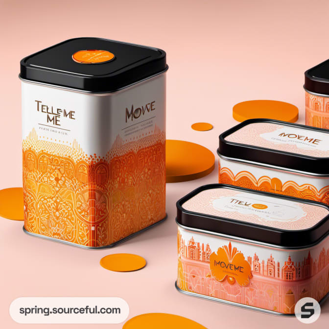 Rectangular tins with detailed orange and black patterns, labeled 'Tell Me Me.'