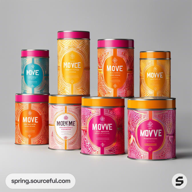 Stack of colorful patterned tins with 'Move' and 'Moveme' labels in orange and pink.