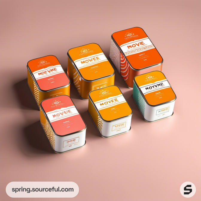 Rectangular tins with minimalist design in orange and teal colors.
