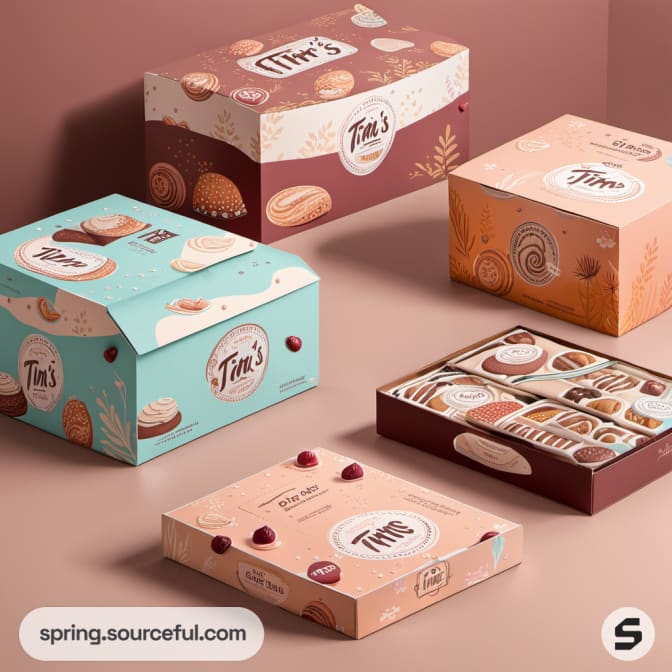 Assorted bakery-themed boxes with pastel colors and pastry designs.