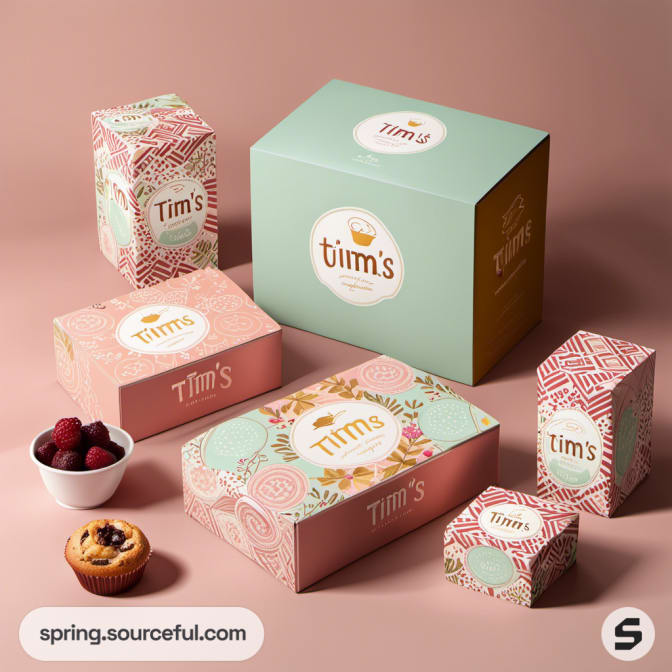 Assortment of colorful boxes with vintage-style designs and pastries.