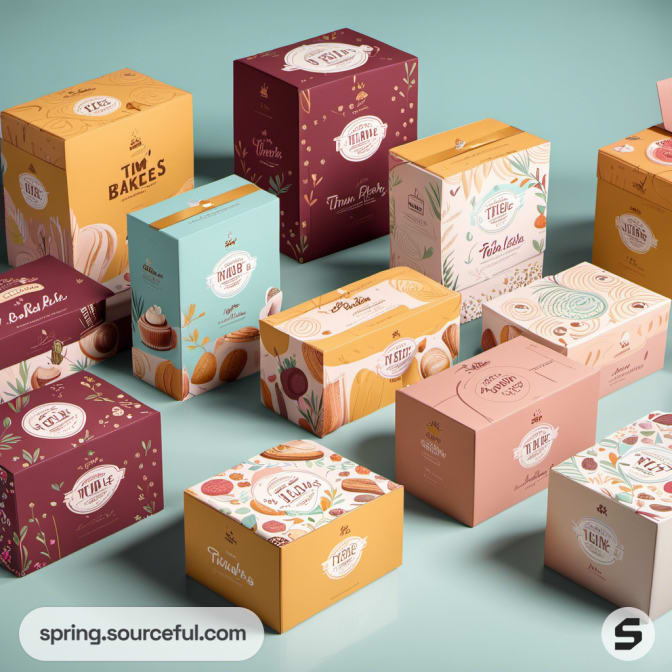 Boxes with bakery motifs in pastel tones on a light background.