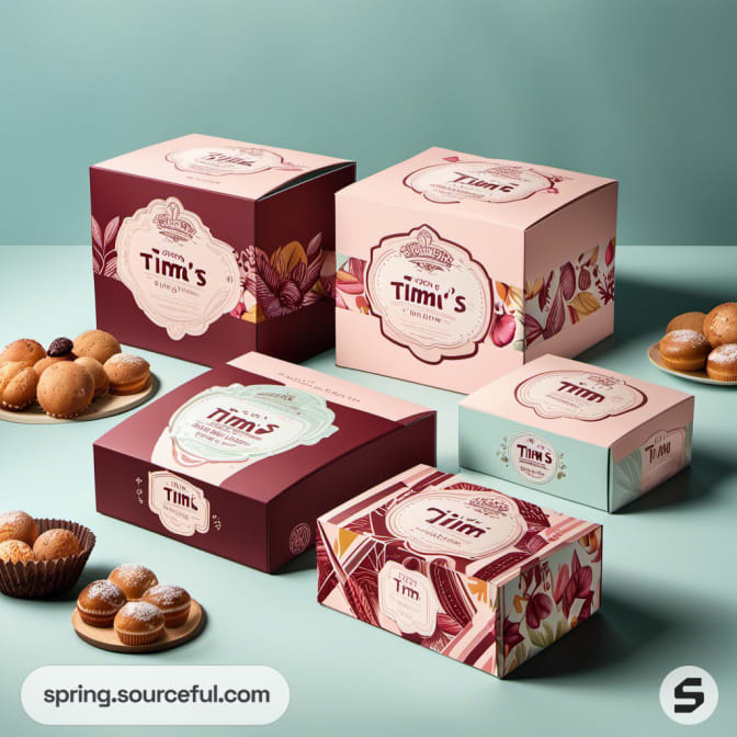 Mixed packaging with elegant designs and assorted pastries.