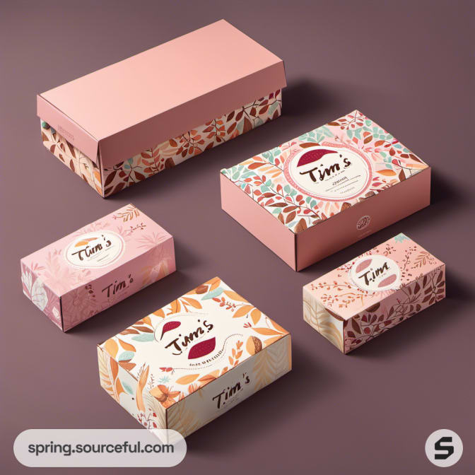 Pink and floral patterned boxes with elegant bakery designs.