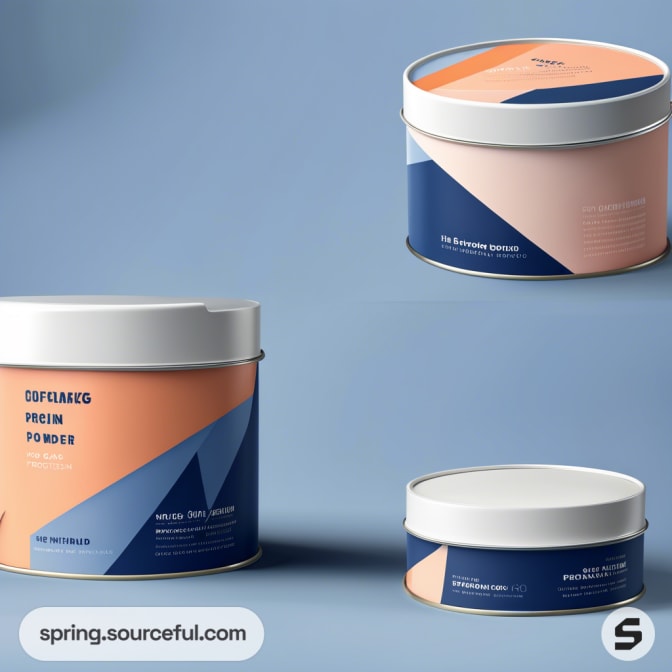 Round tins with geometric blue-orange designs and white lids, placed on a light blue background.