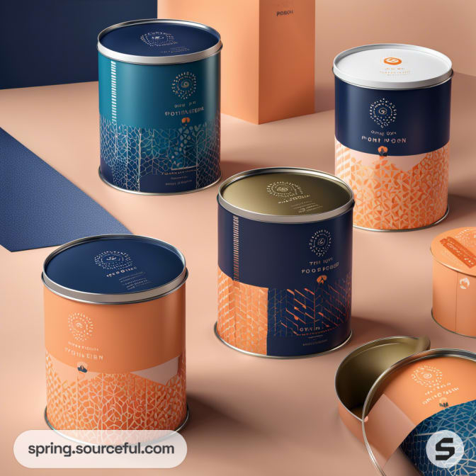 Assorted cylindrical tins with blue and peach geometric designs on a peach and blue background.