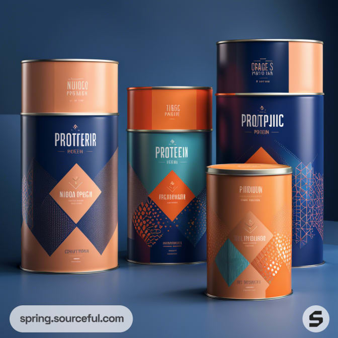 Cylindrical tins with geometric designs in blue, orange, and gold tones on a dark background.