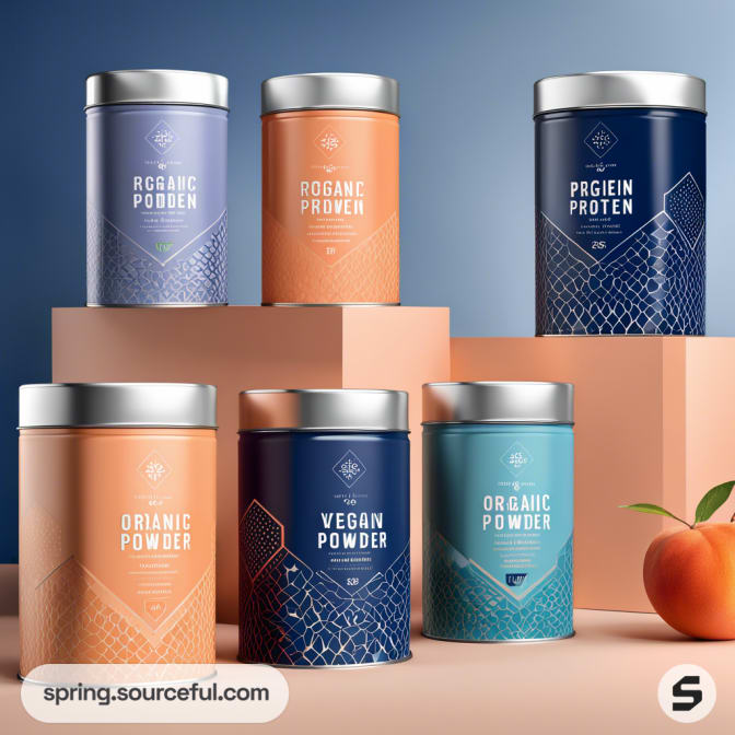 Assorted protein and powder tins on peach blocks, featuring blue, orange, and turquoise designs with metallic lids.