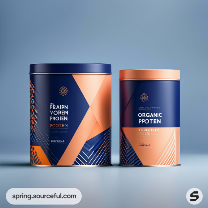 Two cylindrical containers with navy blue and peach geometric patterns, labeled organic protein.