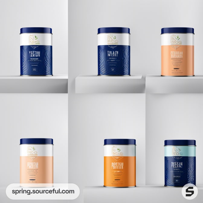 Six cylinder food containers with dark and light blue, and orange labels, on white shelves.