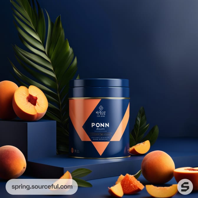 Blue round container with orange geometric design on a dark blue background, surrounded by peaches and green leaves.