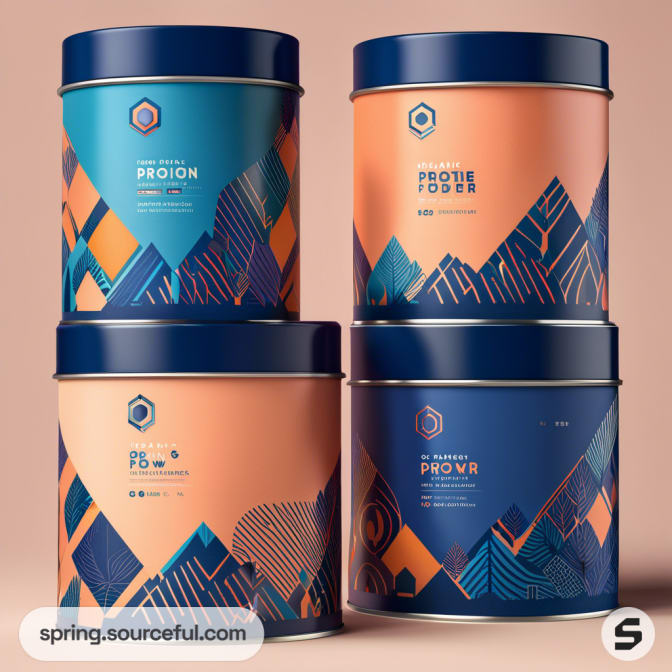Four cylindrical tins with blue lids and geometric orange and blue mountain designs.