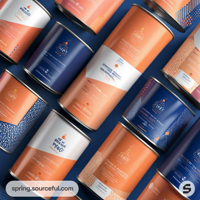 Assorted cylindrical cans with blue and orange patterns on a navy blue background.