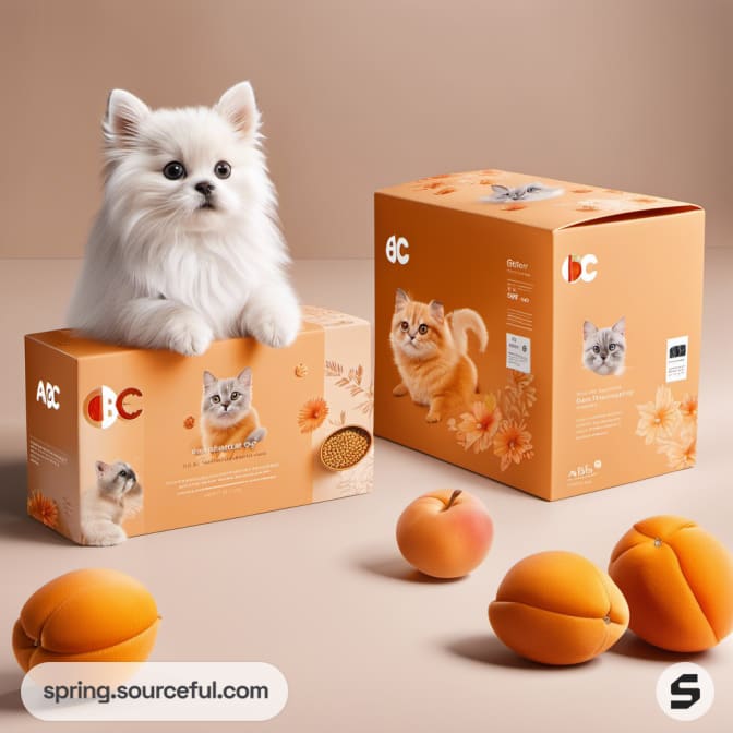 Orange pet packaging with Persian cat and small dog; decorated with oranges.