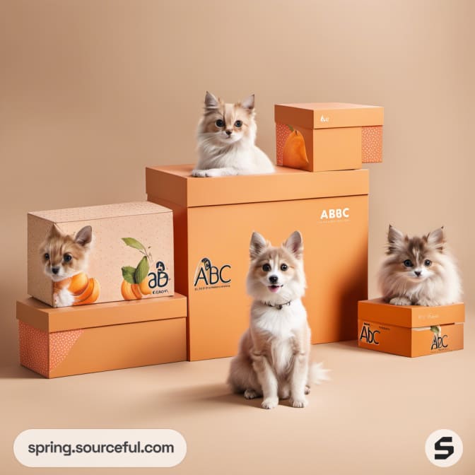 Orange pet boxes with dogs and cats on light brown background.