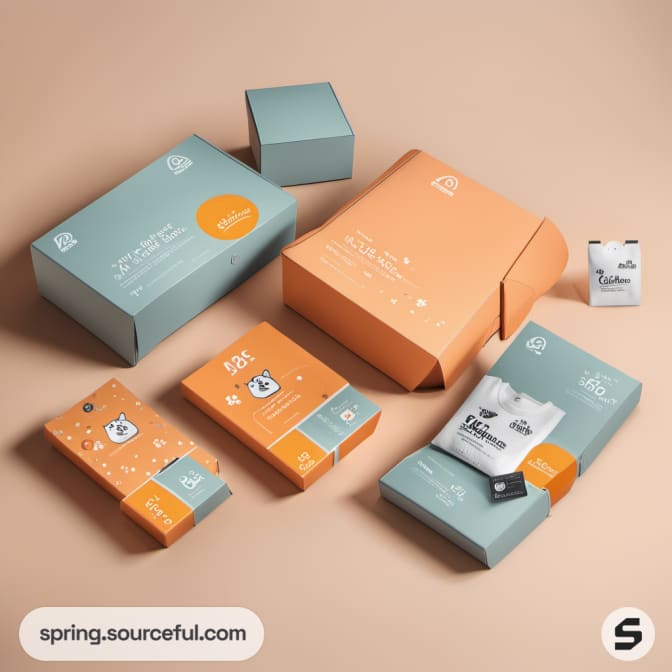 Assorted orange and teal pet food packaging on a beige surface.