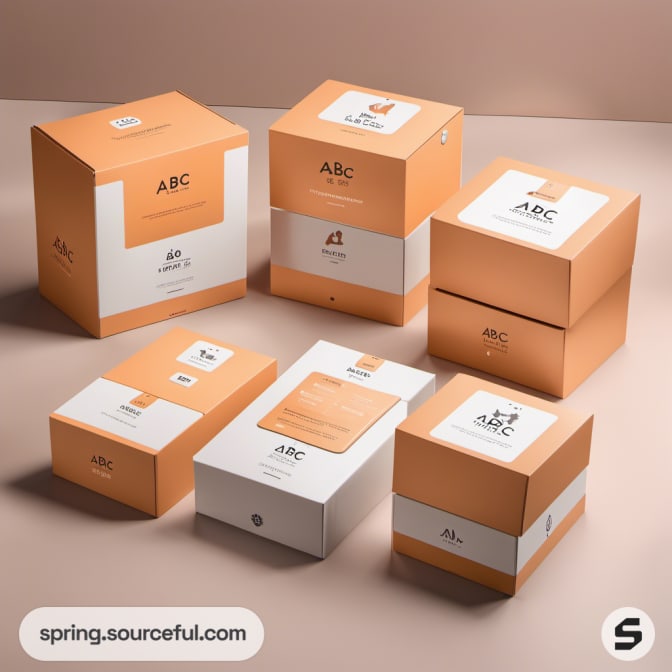 Stacked orange pet food boxes with minimalist design on beige background.