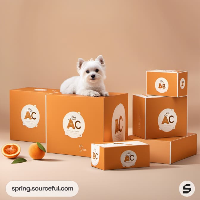 Dog in orange pet food boxes with oranges on beige background.