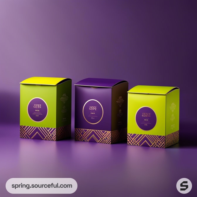 Three decorative boxes with green and purple designs on a purple background.