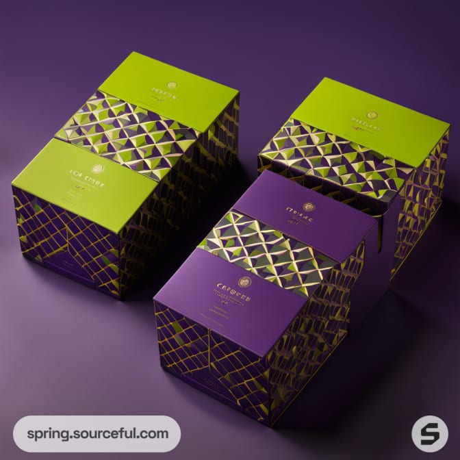 Purple and green luxury gift boxes with gold geometric patterns, arranged on a purple surface.