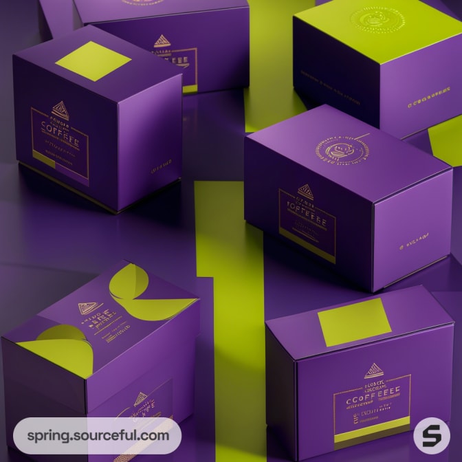 Purple and green cardboard boxes with coffee labels on glossy surface.