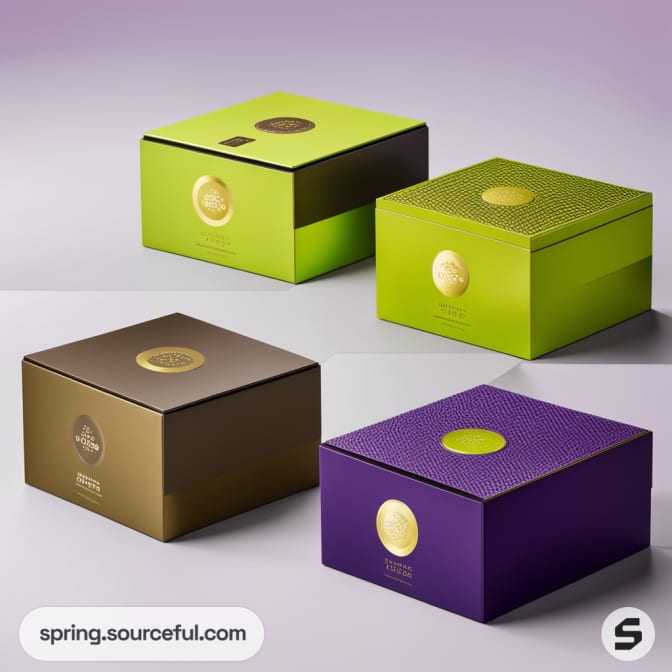 Four square boxes in lime green, brown, and purple with embossed gold seals on lids, against a light background.