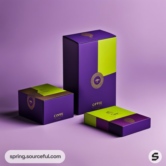 Purple and lime green coffee packaging boxes on a purple background.