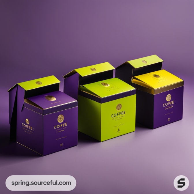 Three square coffee boxes in green, yellow, and purple on a purple background.