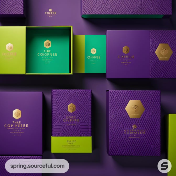 Purple and green coffee packaging boxes arranged flat lay style with embossed geometric patterns and gold lettering.