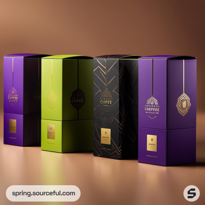 Elegant coffee packaging in sleek boxes with purple, green, and black colors and geometric gold accents.