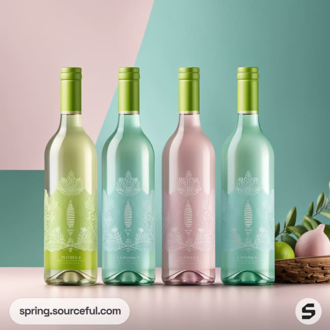 Four wine bottles with pastel labels and green caps on a soft green and pink background.