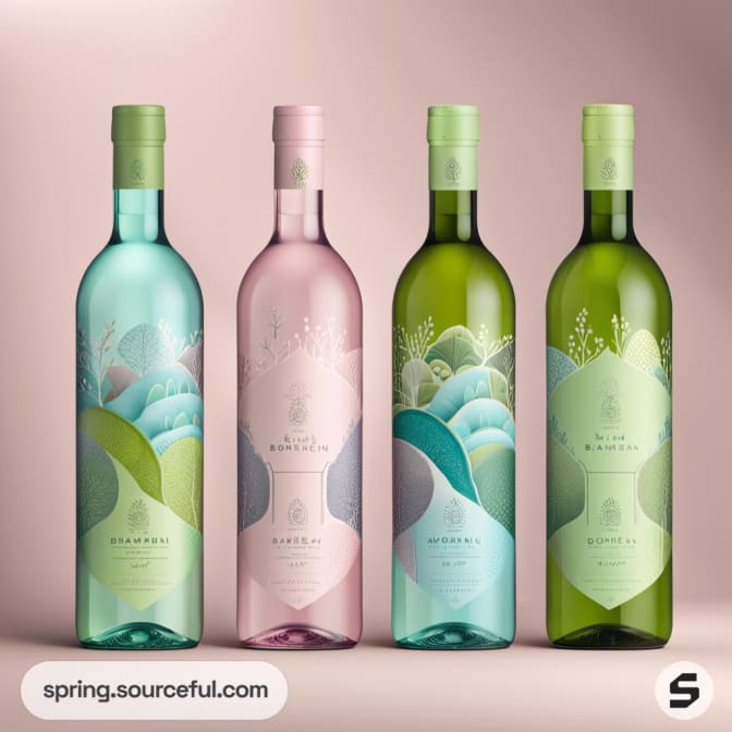 Four decorative wine bottles with pastel labels and floral designs, featuring shades of green, pink, and blue.