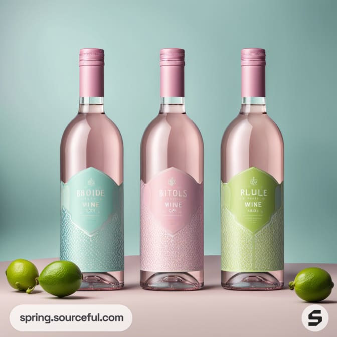 Three bottles of wine with pastel-colored labels and caps, surrounded by limes, on a pastel background.