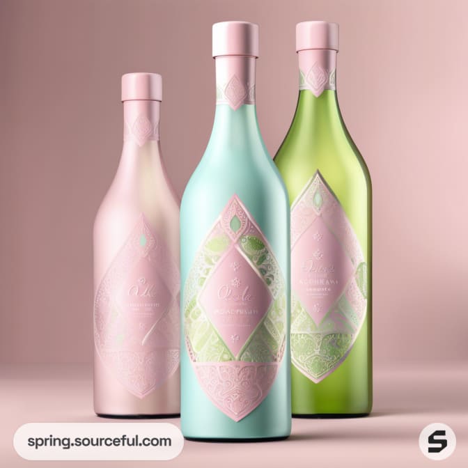 Three elegant pastel-colored wine bottles with embossed labels, featuring pink, mint green, and light green hues.