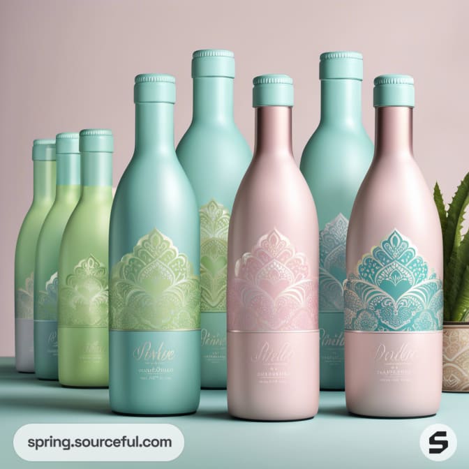 Pastel-colored bottles with floral patterns, in shades of green, blue, and pink, arranged on a surface with a plant.