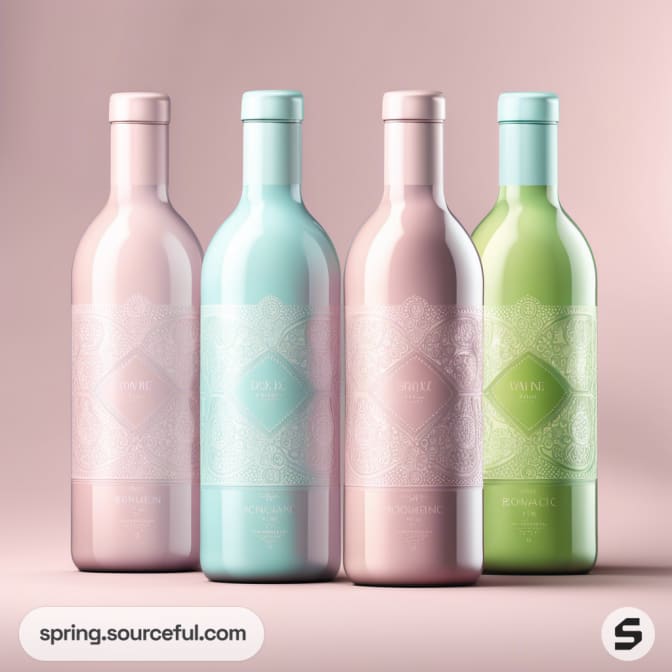 Four pastel-colored bottles in pink, blue, and green with floral label designs, displayed on a pink surface.