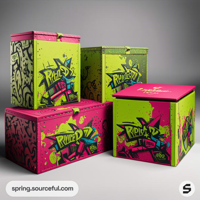 Graffiti-style mailer boxes in vibrant pink and green with bold text and urban art designs.