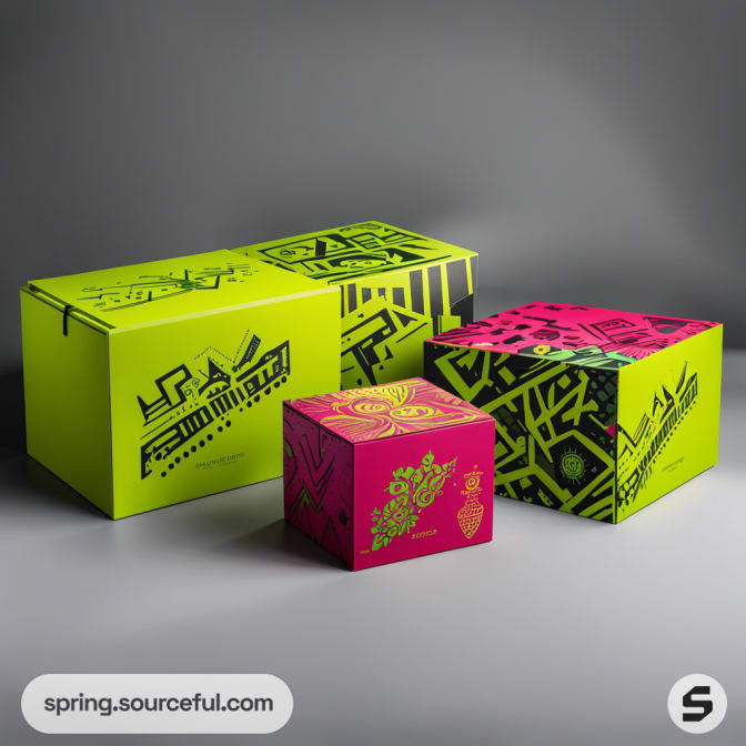 Three vibrant mailer boxes with geometric patterns and neon colors: lime green and pink.