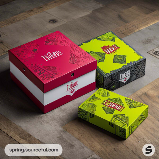 Red, lime green, and yellow mailer boxes with geometric and text patterns on a wooden surface.