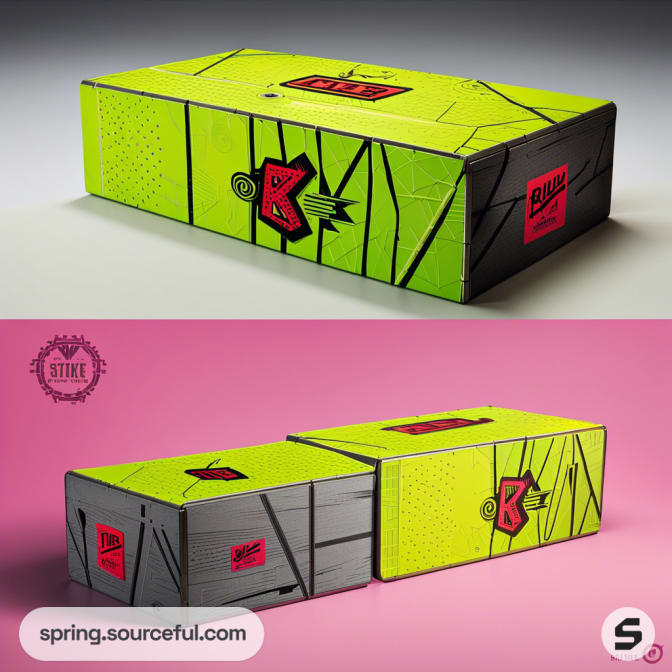 Neon green and gray rectangular boxes with abstract geometric designs on a pink and white background.