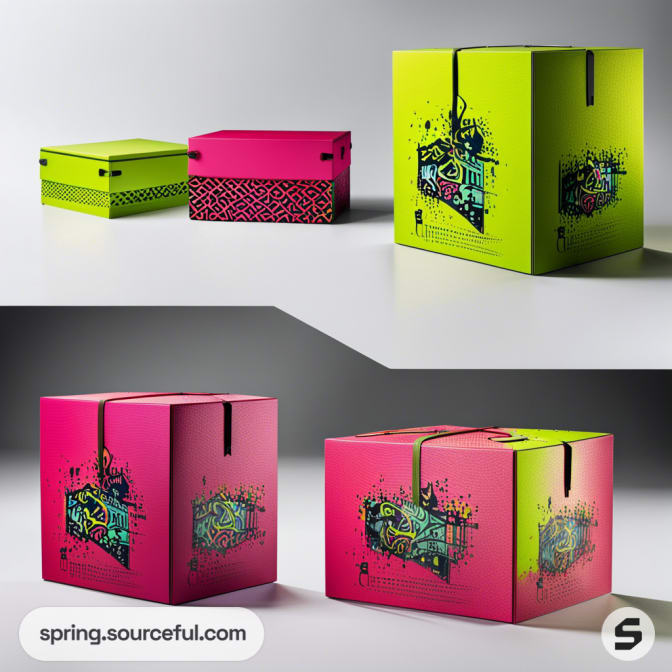 Bright pink and green mailer boxes with graffiti-style art on a reflective surface.