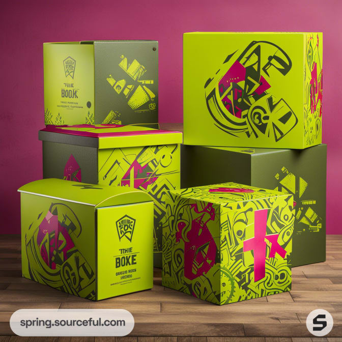 Stack of green and pink mailer boxes with abstract graphic designs on a wooden floor against a pink wall.