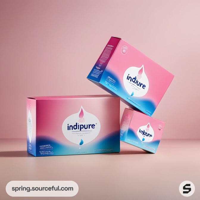 Pink and blue product boxes with droplet logo on pink background.