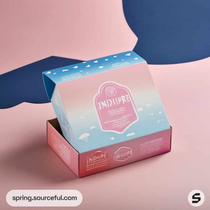 Indipure box with gradient colors and pattern, pink and blue background.