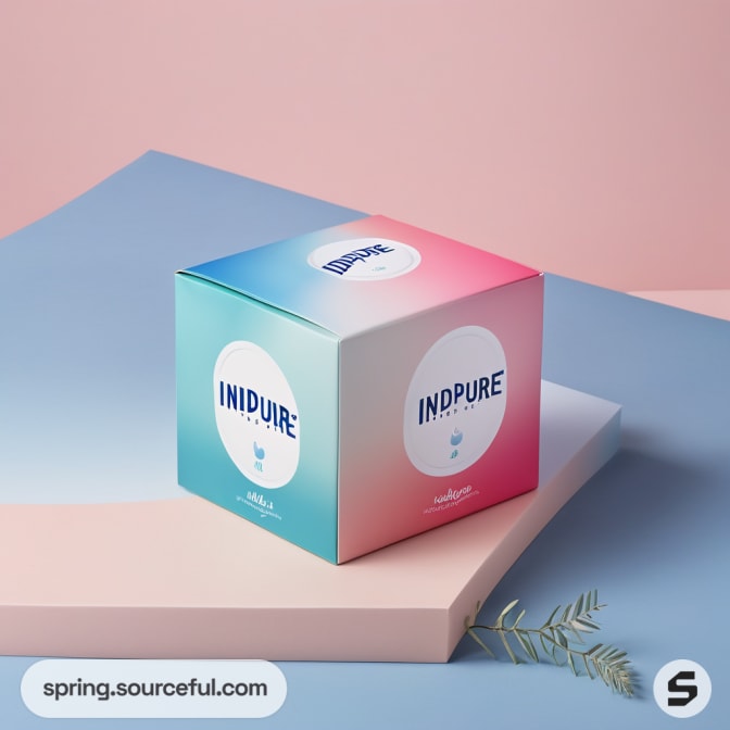 Square box with Indipure logo on soft pink and blue surface.