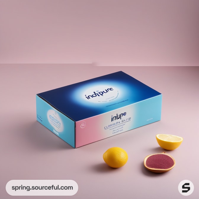 Rectangular box with Indipure logo, lemons and pink sponge on pink background.