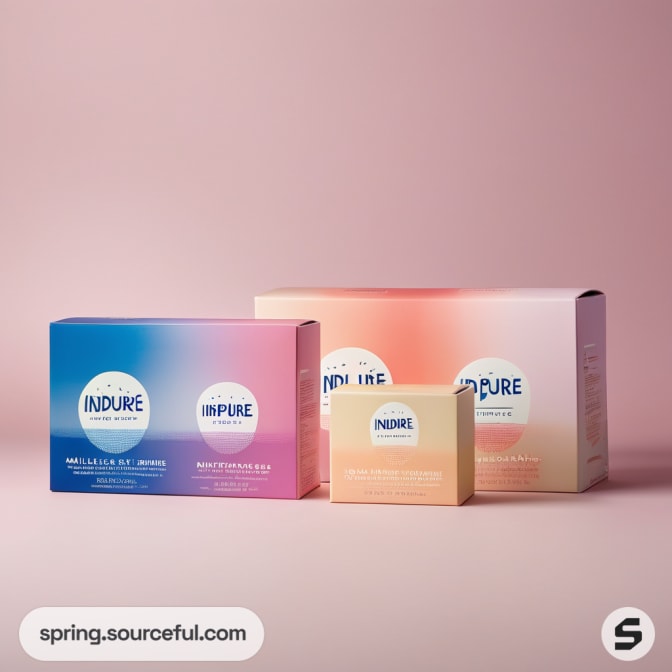 Three Indipure boxes in gradient colors on a pink background.